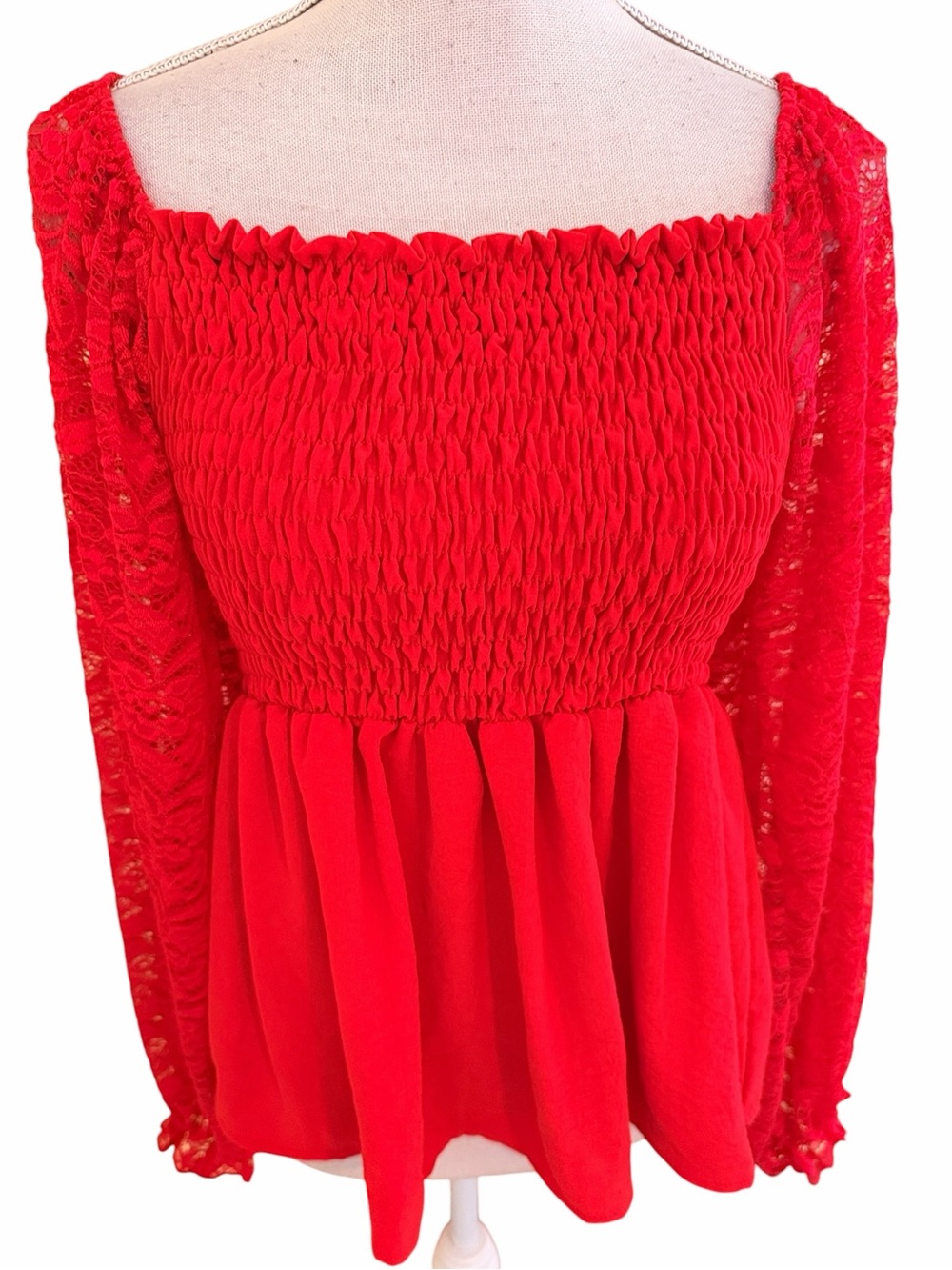 BiBi Air Flow Lace Sleeve Smocked Red Peplum Blouse S